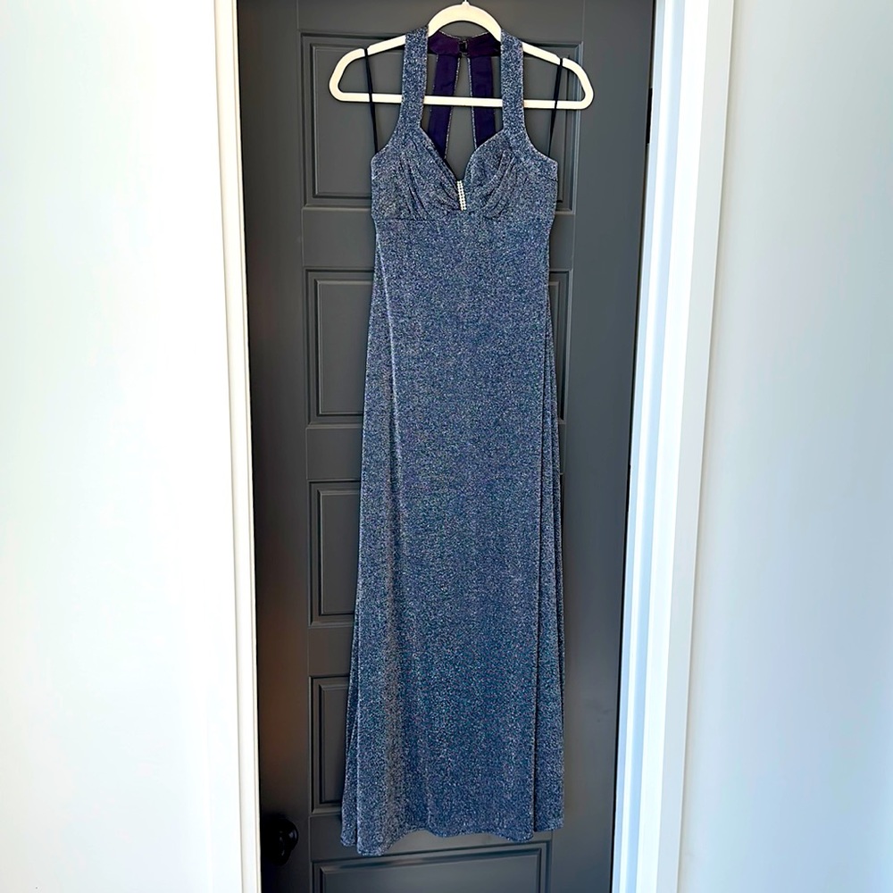 LINDA BERNELL Navy Shimmer A-line Gown